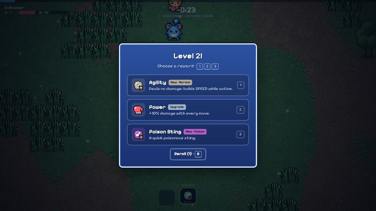 Agility, Power and Poison Sting upgrade cards in PokeSurvivor